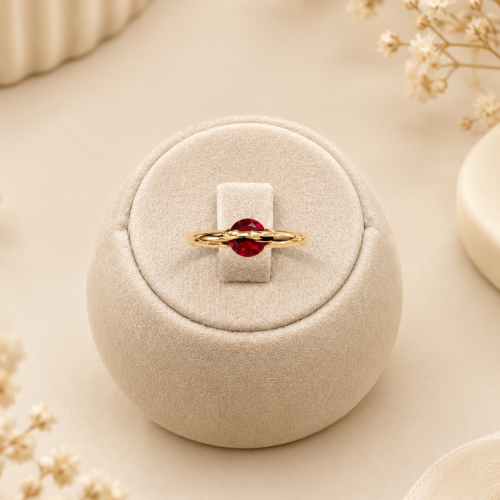 Ruby Gold Ring on Velvet Display